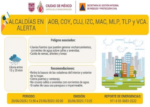 Activan alerta amarilla por lluvias intensas en ocho alcaldías de la ...